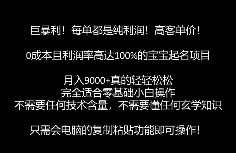 巨暴利，月入9000+的宝宝起名项目，每单都是纯利润，零基础都能躺赚【附软件+视频教程】-宇文网创