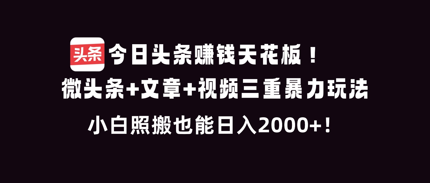 （16888期）今日头条赚钱天花板！微头条+文章+视频三重暴利玩法，小白照搬也能日人2000+-宇文网创