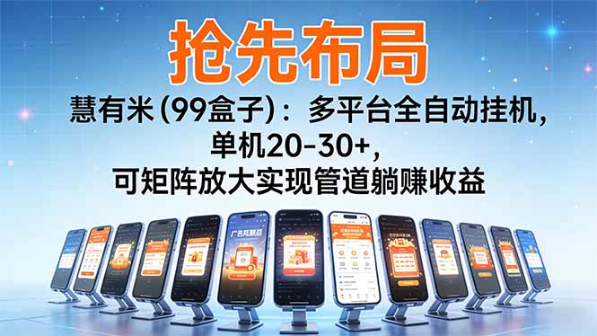 （16757期）【抢先布局】慧有米（99盒子）：多平台全自动挂机，单机20-30+，可矩阵放大实现管道躺赚收益-宇文网创