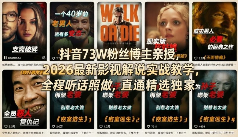 抖音73W粉丝博主亲授，2026最新影视解说实战教学，全程听话照做，直通精选独家-宇文网创