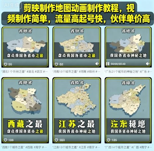 剪映制作地图动画制作教程，视频制作简单，流量高起号快，伙伴单价高-宇文网创