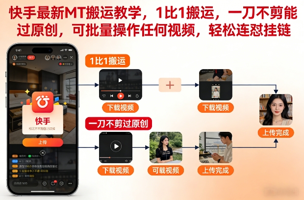 快手最新MT搬运教学，1比1搬运，一刀不剪能过原创，可批量操作任何视频，轻松连怼挂链-宇文网创
