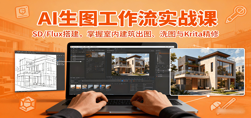 AI生图工作流实战课:SD/Flux搭建,掌握室内建筑出图、洗图与Krita精修-宇文网创