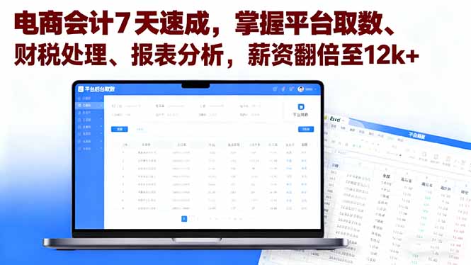 （16192期）电商会计7天速成，掌握平台取数、财税处理、报表分析，薪资翻倍至12k+-宇文网创