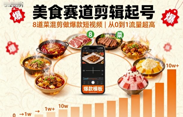 美食赛道剪辑起号,8道菜混剪做爆款短视频,从0到1,流量超高-宇文网创