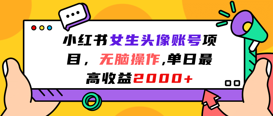 小红书女生头像账号项目，无脑操作，单日最高收益2000+-宇文网创