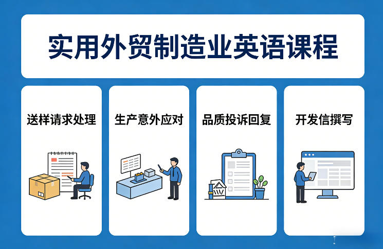 实用外贸制造业英语课程，教你专业处理送样请求、应对生产意外、回复品质投诉、撰写开发信等-宇文网创