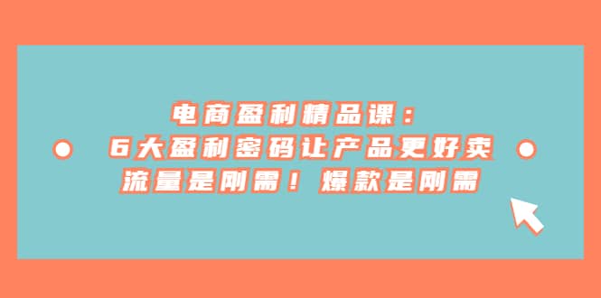 电商 盈利精品课：6大盈利 密码让产品更好卖，流量是刚需！爆款是刚需-宇文网创