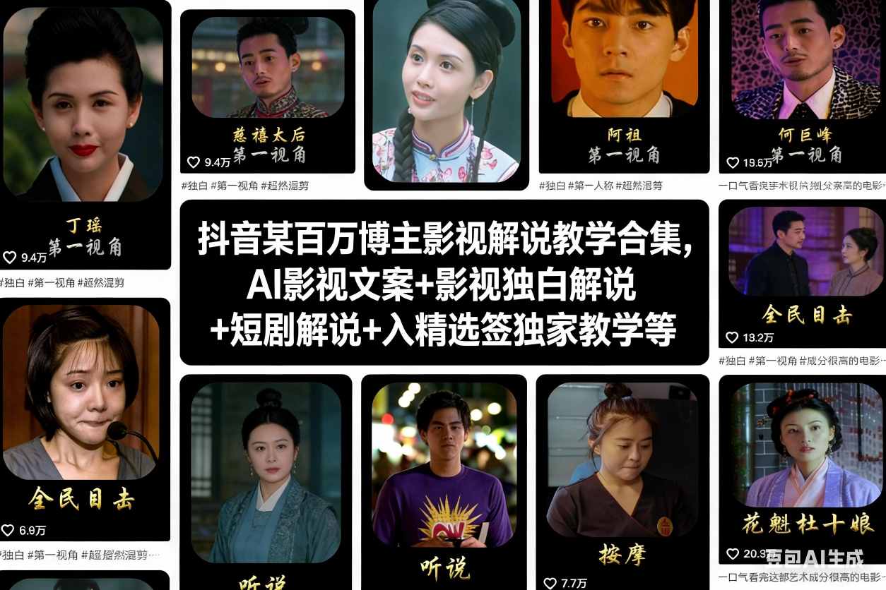 抖音某百万博主影视解说教学合集，AI影视文案+影视独白解说+短剧解说+入精选签独家教学等-宇文网创