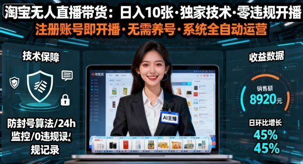 【最新】淘宝无人直播带货，日入10张，独家技术，无违规无封号，注册账号直接开播，不用养号【揭秘】-宇文网创