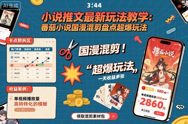 小说推文最新玩法教学，番茄小说国漫混剪盘点超爆玩法，全程干货，一天收益多张-宇文网创