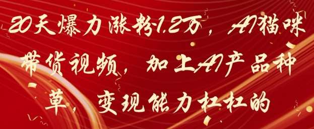 20天爆力涨粉1.2W，AI猫咪带货视频，加上AI产品种草，变现能力杠杠的-宇文网创