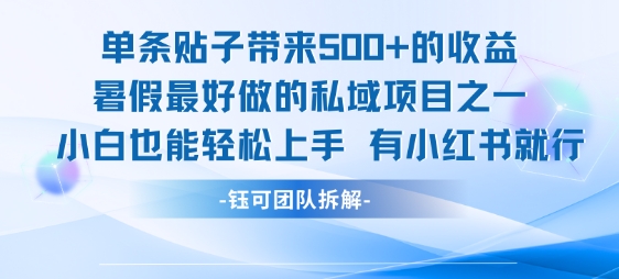 单条贴子带来5张的收益，暑假最好做的私域项目之一，小白也能轻松上手，有小红书就行-宇文网创