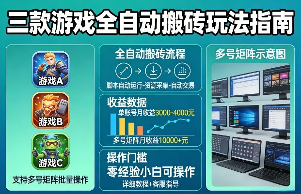 三款游戏全自动搬砖玩法，收益稳定月入1W，支持多号矩阵批量放大，零经验小白也可以操作【揭秘】-宇文网创