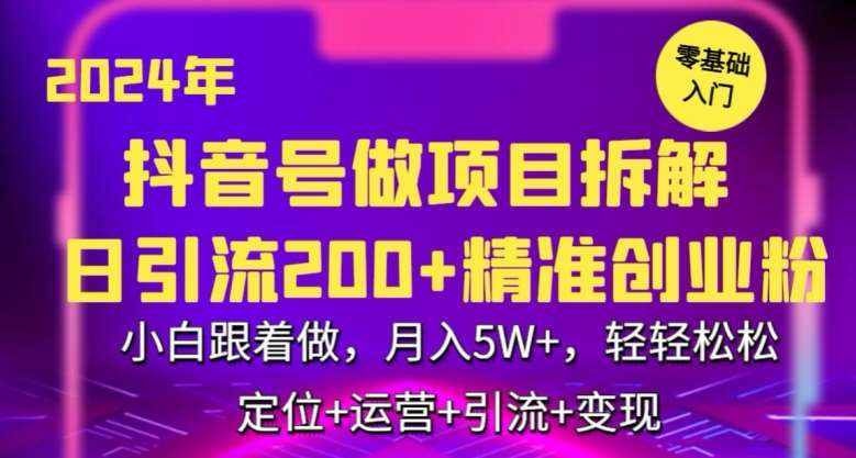 2024年抖音做项目拆解日引流300+创业粉，小白跟着做，月入5万，轻轻松松【揭秘】-宇文网创