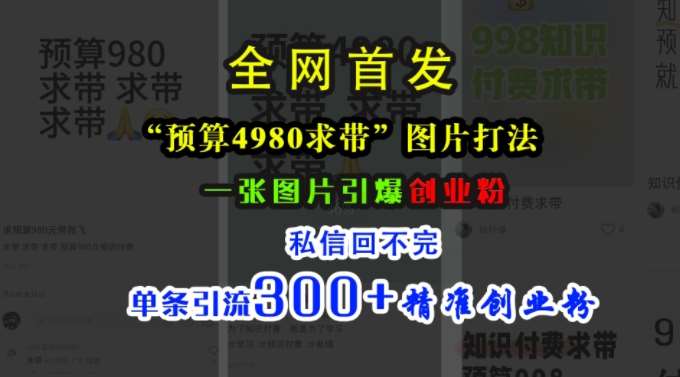 小红书“预算4980带我飞”图片打法，一张图片引爆创业粉，私信回不完，单条引流300+精准创业粉-宇文网创