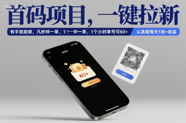 首码项目，一键拉新，有手就能做，几秒钟一单，1个小时单号可60+，认真做每天5张+收益【揭秘】-宇文网创