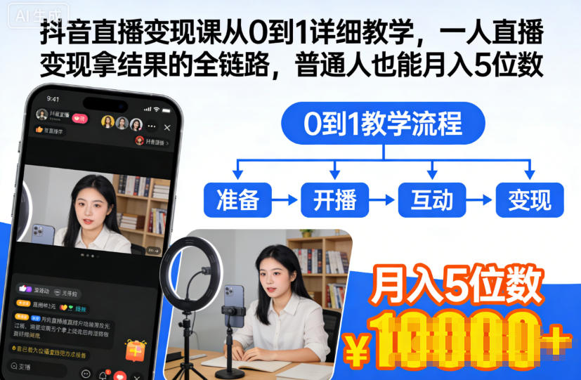 抖音直播变现课从0到1详细教学，一人直播变现拿结果的全链路，普通人也能月入5位数-宇文网创
