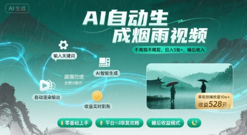 不用拍不用剪！AI自动生成烟雨视频，日入5张+，睡后收入-宇文网创