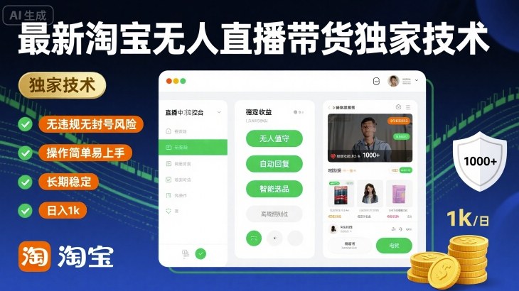 最新淘宝无人直播带货独家技术，无违规无封号风险，操作简单易上手，长期稳定日入1k【揭秘】-宇文网创
