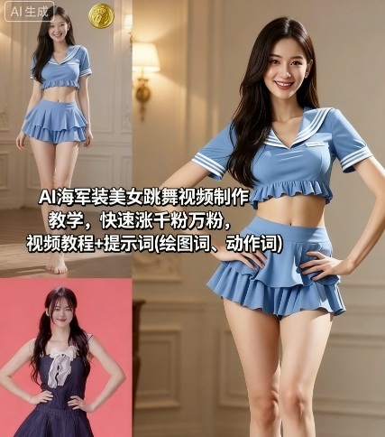AI海军装美女跳舞视频制作教学，快速涨千粉万粉，视频教程+提示词(绘图词、动作词)-宇文网创