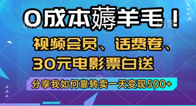 0成本薅羊毛!视频会员、话费卷、30元电影票白送，分享我如何靠转卖一天变现5张+【揭秘】-宇文网创