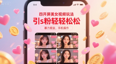 四开屏美女视频玩法，引s粉轻轻松松，暴力掘金，手机操作【揭秘】-宇文网创