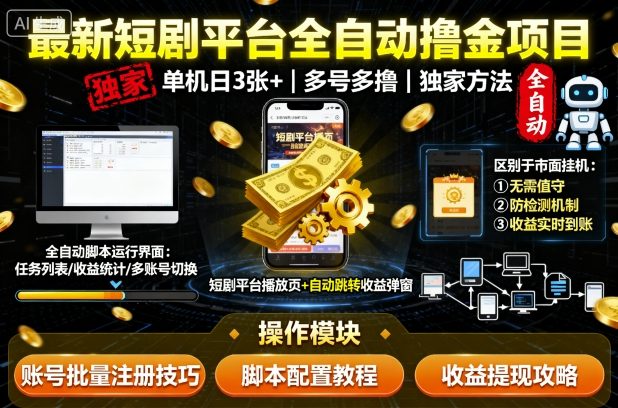 最新短剧平台全自动挂G撸金项目,单机一天3张+,多号多撸,区别于市面所有挂机项目,独家方法【揭秘】-宇文网创