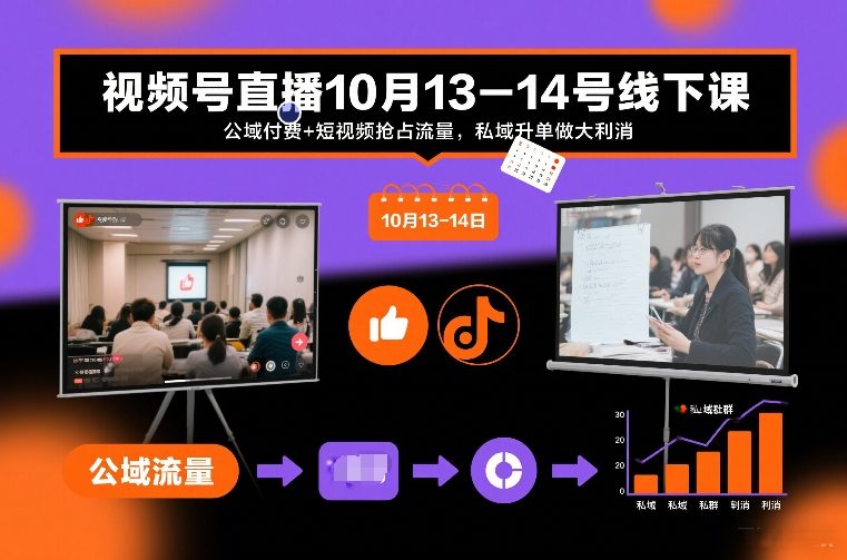 视频号直播10月13-14号线下课，公域付费+短视频抢占流量，私域升单做大利消-宇文网创