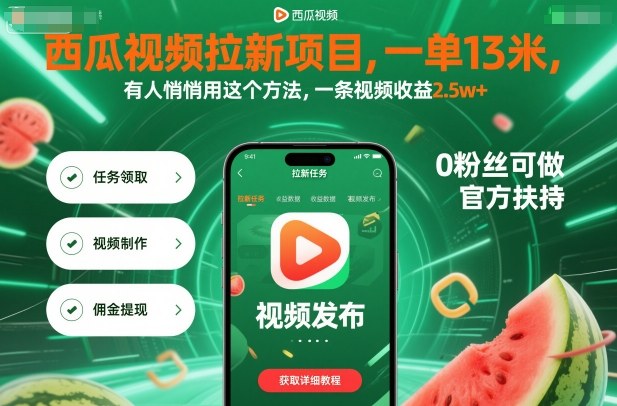 西瓜视频拉新项目，一单13米，有人悄悄用这个方法，一条视频收益2.5w+（附详细教程）-宇文网创