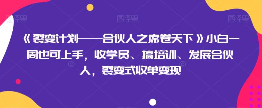 《裂变计划——合伙人之席卷天下》小白一周也可上手，收学员、搞培训、发展合伙人，裂变式收单变现-宇文网创
