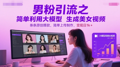 男粉引流之简单利用大模型生成美女视频，条条原创爆款，简单上传制作，变现日1k+-宇文网创