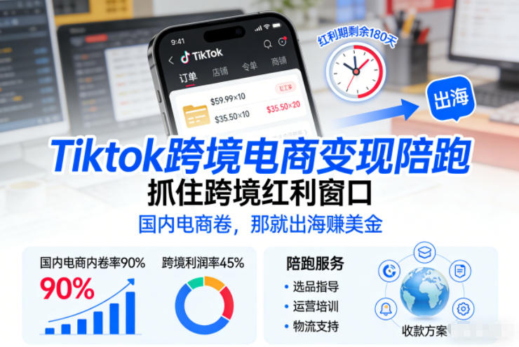 Tiktok跨境电商变现陪跑，抓住跨境红利窗口，国内电商卷，那就出海賺美金-宇文网创
