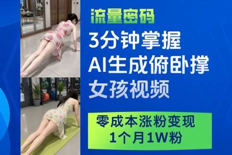 3分钟掌握AI生成俯卧撑女孩视频，零成本涨粉变现，1个月1W粉-宇文网创