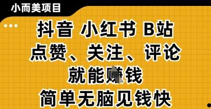 小而美的项目，抖音小红书B站视频点赞、关注、评论就能挣钱，简单无脑立见收益，妥妥的零撸项目【揭秘】-宇文网创
