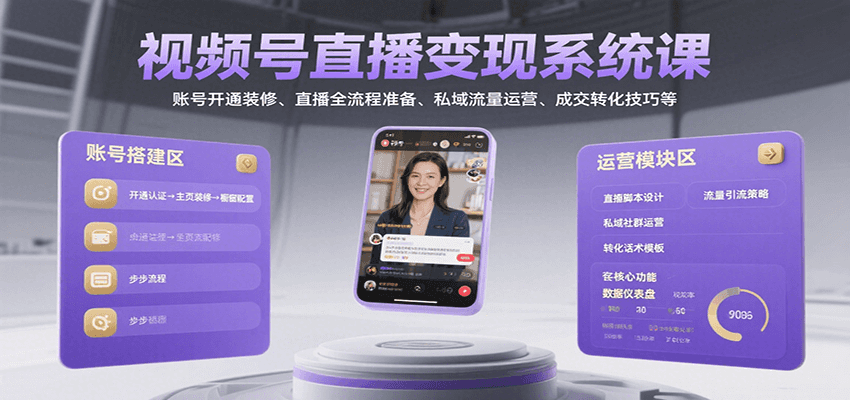 视频号直播变现系统课，账号开通装修、直播全流程准备、私域流量运营、成交转化技巧等-宇文网创