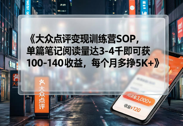 大众点评变现训练营SOP，单篇笔记阅读量达3-4千即可获100-140收益，每个月多挣5K+-宇文网创