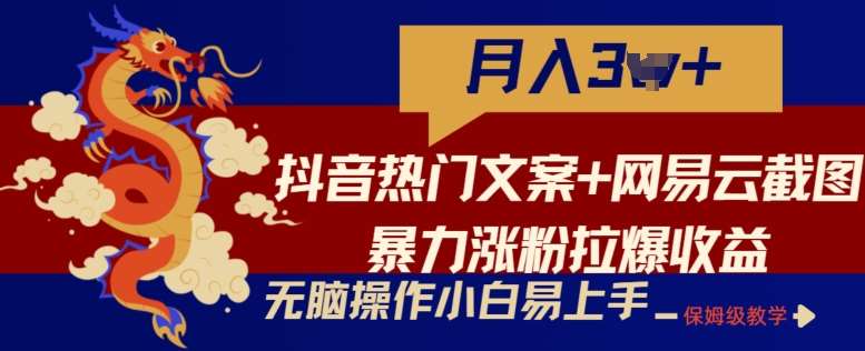 抖音热门文案+网易云截图暴力涨粉拉爆收益玩法，小白无脑操作，简单易上手【揭秘】-宇文网创