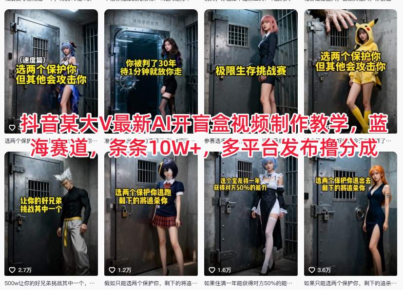 抖音某大V最新AI开盲盒视频制作教学，蓝海赛道，条条10W+，多平台发布撸分成-宇文网创