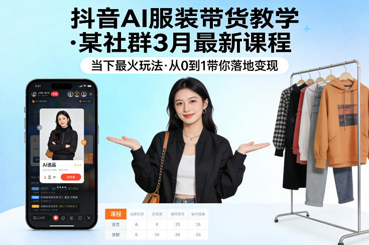 抖音AI服装带货教学,某社群3月最新课程,当下最火玩法,从0到1带你落地变现-宇文网创