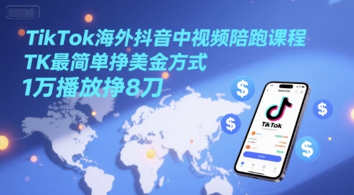 TikTok海外抖音中视频陪跑课程，TK最简单挣美金方式，1万播放挣8刀-宇文网创
