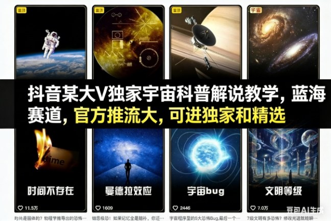 抖音某大V独家宇宙科普解说教学,蓝海赛道,官方推流大,可进独家和精选-宇文网创