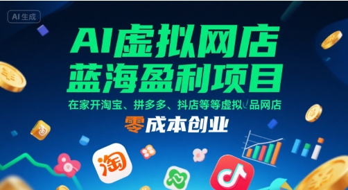 AI虚拟网店蓝海盈利项目，在家开淘宝、拼多多、抖店等虚拟品网店，零成本创业-宇文网创