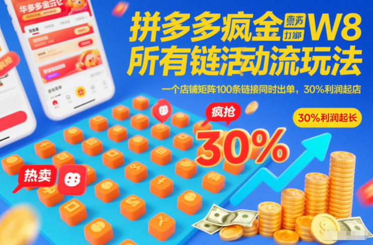 拼多多疯狂活动流玩法,所有链接全部打标,一个店铺矩阵100条链接同时出单,30%利润起店-宇文网创