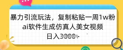 暴力引流玩法，复制粘贴一周1w粉，ai软件生成仿真人美女视频，日入多张-宇文网创