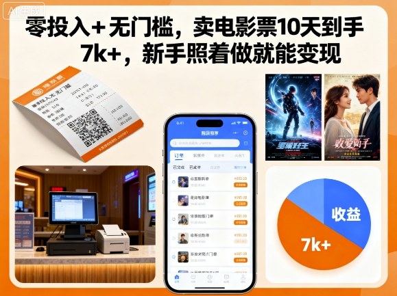 零投入+无门槛，卖电影票10天到手7k+，新手照着做就能变现【揭秘】-宇文网创