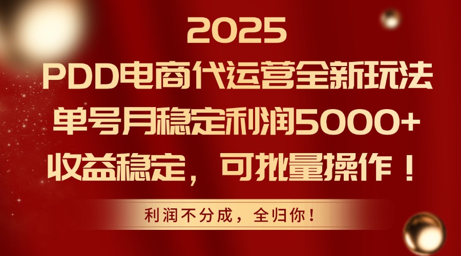 （14839期）2025PDD电商代运营全新玩法，单号月稳定利润5000+，收益稳定，可批量操作-宇文网创