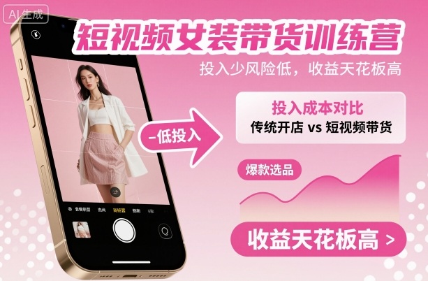 短视频女装带货训练营，投入少风险低，收益天花板高-宇文网创