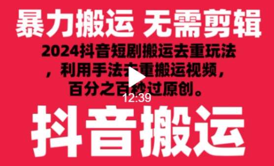 2024最新抖音搬运技术，抖音短剧视频去重，手法搬运，利用工具去重，达到秒过原创的效果【揭秘】-宇文网创