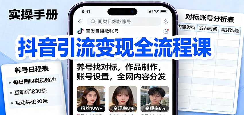 抖音引流变现全流程课：养号找对标，作品制作，账号设置，全网内容分发-宇文网创